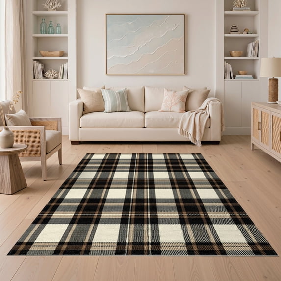 ODIKA 5'x7' Washable Area Rug Non-Slip, Chair-Friendly Handwoven Plaid Interlocking Checks With Striped Central Focus for Dining Room, Under Table, Home Office