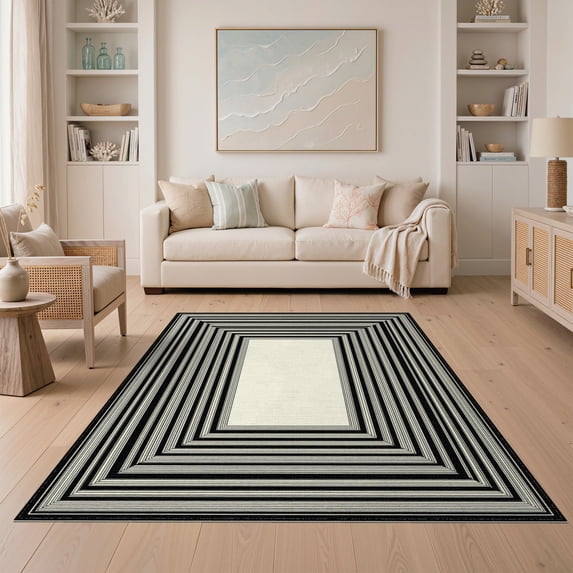 ODIKA 5'x7' Washable Area Rug Non-Slip, Chair-Friendly Ivory Contemporary Contrast Parallel Bands Evenly Spaced Tan for Dining Room, Under Table, Home Office