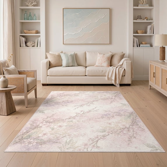 ODIKA 5'x7' Washable Area Rug Non-Slip, Chair-Friendly Japanese Asian Plum Painterly Botanical Cherry Tufted Chinese for Dining Room, Under Table, Home Office