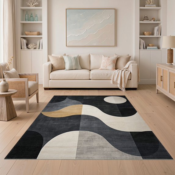ODIKA 5'x7' Washable Area Rug Non-Slip, Chair-Friendly Large Abstract Grid Panel Contemporary Blackrug Pile Grey for Dining Room, Under Table, Home Office
