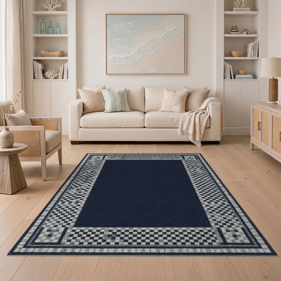 ODIKA 5'x7' Washable Area Rug Non-Slip, Chair-Friendly Modern Farmhouse Bordered Check With Clean Band Corners Solid Flowing Dynamic for Dining Room, Under Table, Home Office