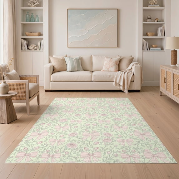ODIKA 5'x7' Washable Area Rug Non-Slip, Chair-Friendly Pink Green Bow Design With Scattered Rosebuds And Trailing Vines for Dining Room, Under Table, Home Office