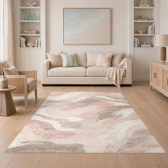 ODIKA 5'x7' Washable Area Rug Non-Slip, Chair-Friendly Pink Solid Abstract Boho Brushstroke Watercolor Blend Shaggy for Dining Room, Under Table, Home Office