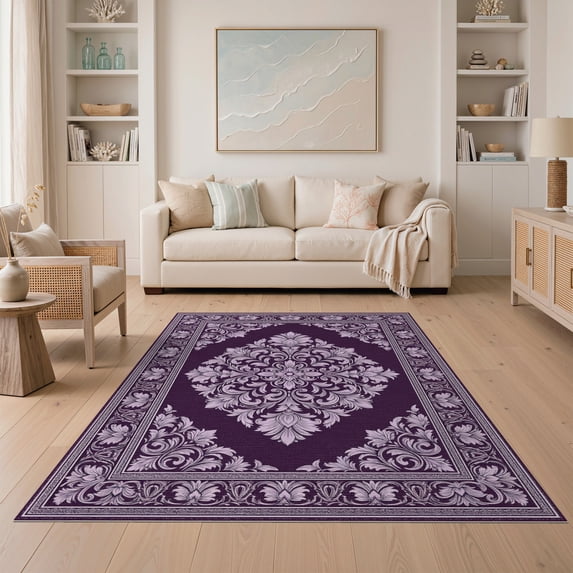 ODIKA 5'x7' Washable Area Rug Non-Slip, Chair-Friendly Plum Tonal Faded Palette Repeating Ornamental Fuzzy Purple for Dining Room, Under Table, Home Office