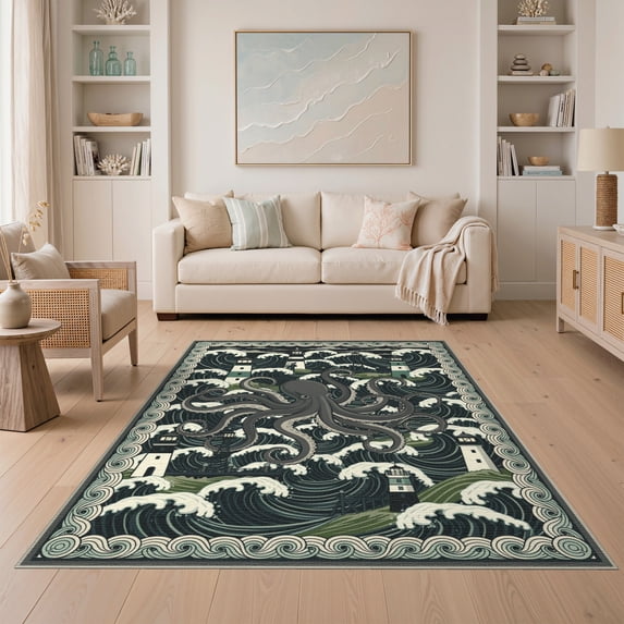 ODIKA 5'x7' Washable Area Rug Non-Slip, Chair-Friendly Rum Maritime Doormat Crushing Towers Stormy Ocean Waves Border for Dining Room, Under Table, Home Office