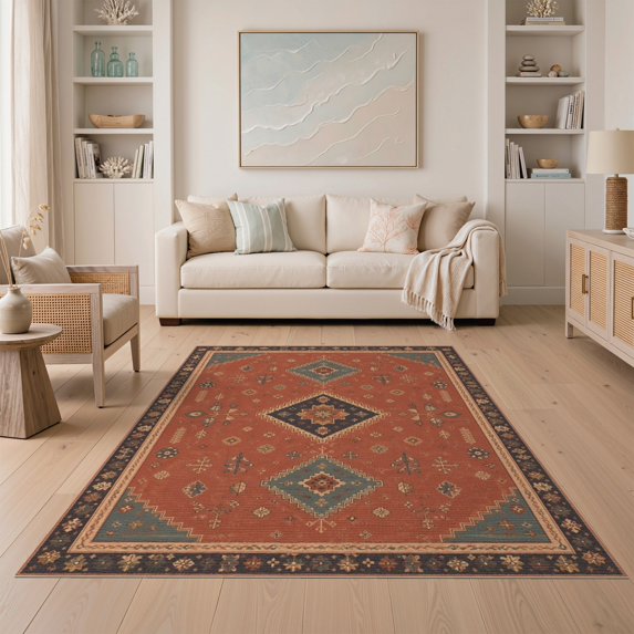 ODIKA 5'x7' Washable Area Rug Non-Slip, Chair-Friendly Teal Rust and Geometric Elegance Intricate with Classic Borders for Dining Room, Under Table, Home Office