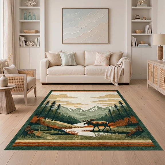 ODIKA 5'x7' Washable Area Rug Non-Slip, Chair-Friendly Vintage Rustic Cabin Wildlife Scene With Moose And Cloud Motif for Dining Room, Under Table, Home Office