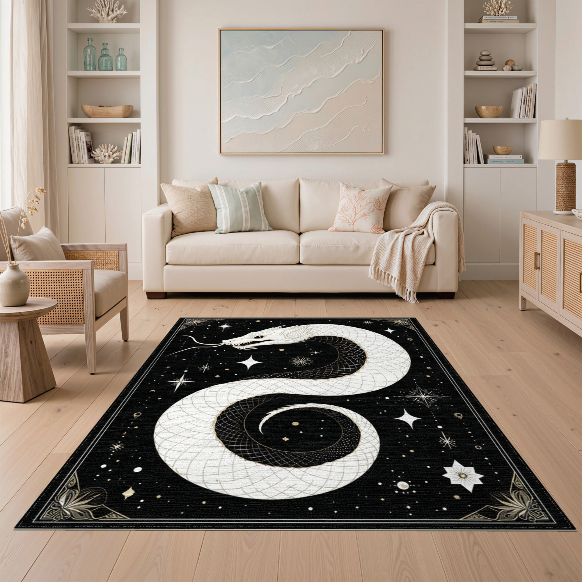 Whitw Rug Chair ODIKA 5'x7' Washable Area Rug Non-Slip, Chair-Friendly White Serpent ...