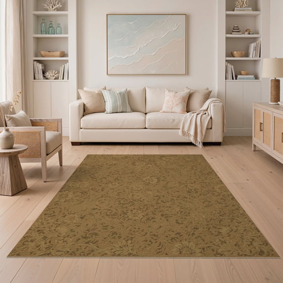 ODIKA 5'x7' Washable Area Rug Non-Slip, Low Pile, Stain Resistant Abstract Distressed Terracotta Scroll With Olive Floral Accents Vintage Flowing for Guest Room, Lounge, Apartment