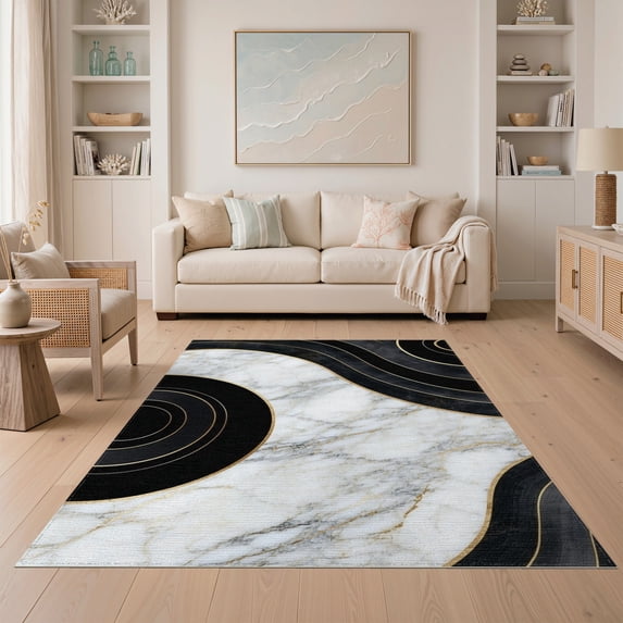 ODIKA 5'x7' Washable Area Rug Non-Slip, Low Pile, Stain Resistant Abstract Geode Contemporary Outline Smalltan for Guest Room, Lounge, Apartment