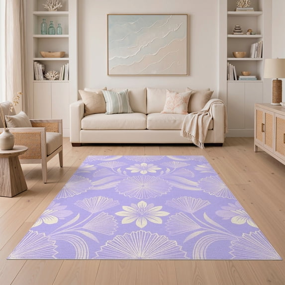 ODIKA 5'x7' Washable Area Rug Non-Slip, Low Pile, Stain Resistant Abstract Minimalist Border Motifs Swirl Gradient Purple Ombre Refined Structured for Guest Room, Lounge, Apartment