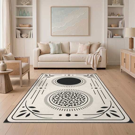 ODIKA 5'x7' Washable Area Rug Non-Slip, Low Pile, Stain Resistant Black Cream Geometric Elegance with Leaf Accents Circular Motif and Details in for Guest Room, Lounge, Apartment