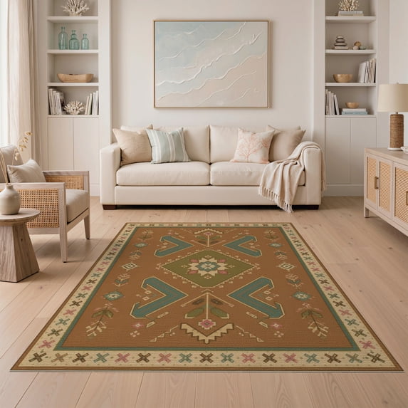 ODIKA 5'x7' Washable Area Rug Non-Slip, Low Pile, Stain Resistant Brown Symmetrical Geometric Elegance Intricate Border with Central Floral Motif for Guest Room, Lounge, Apartment