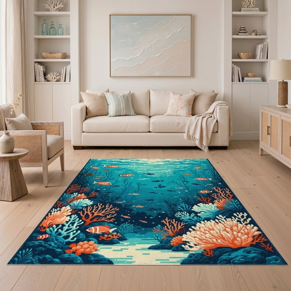ODIKA 5'x7' Washable Area Rug Non-Slip, Low Pile, Stain Resistant Coral Ocean Design with Octopus Sea Life Motif Fish and Turtle Scene for Guest Room, Lounge, Apartment