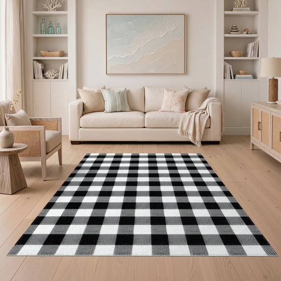 ODIKA 5'x7' Washable Area Rug Non-Slip, Low Pile, Stain Resistant Door Plaid Welcome Gingham Checkered Farmhouse Front Layered for Guest Room, Lounge, Apartment
