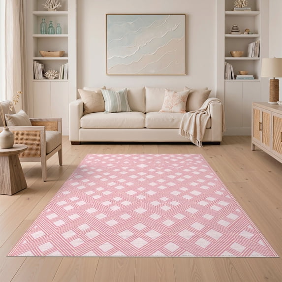 ODIKA 5'x7' Washable Area Rug Non-Slip, Low Pile, Stain Resistant Geometric Blush Trellis Solid Shaggy Look Minimalist Pink Interlocking Refined for Guest Room, Lounge, Apartment
