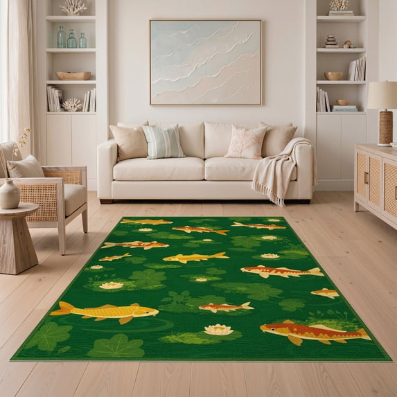 ODIKA 5'x7' Washable Area Rug Non-Slip, Low Pile, Stain Resistant Golf Koi Bug Landscape Goldfish Swimming Botanical Pond Cartoon for Guest Room, Lounge, Apartment