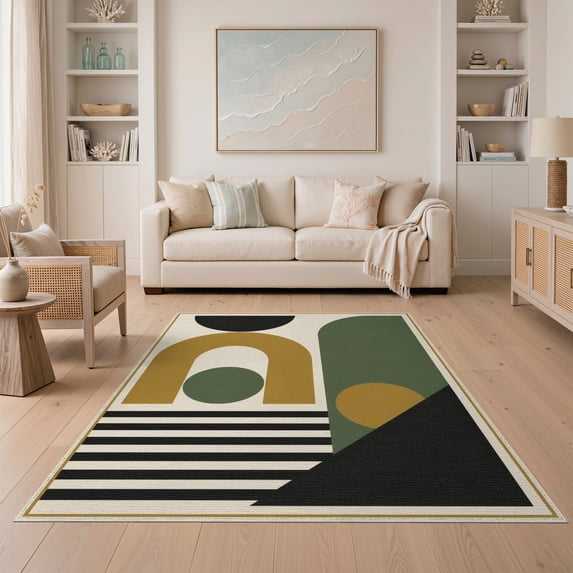 ODIKA 5'x7' Washable Area Rug Non-Slip, Low Pile, Stain Resistant Green Gold Geometric Artistic Elegant Abstract Design with Bold Contrasting for Guest Room, Lounge, Apartment