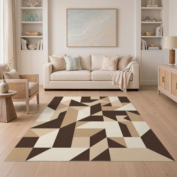 ODIKA 5'x7' Washable Area Rug Non-Slip, Low Pile, Stain Resistant Interlocking Neutral Minimalist Brushstroke Large Abstract Beige Playful for Guest Room, Lounge, Apartment