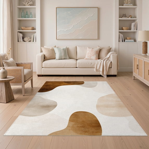 ODIKA 5'x7' Washable Area Rug Non-Slip, Low Pile, Stain Resistant Large Abstract Beige Brushstroke Neutral Shape Shapes Interlocking for Guest Room, Lounge, Apartment