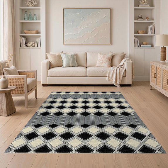 ODIKA 5'x7' Washable Area Rug Non-Slip, Low Pile, Stain Resistant Large Abstract Grid Contemporary Blackrug Grey Classroom for Guest Room, Lounge, Apartment