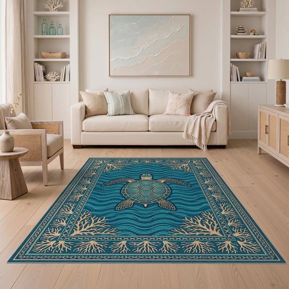 ODIKA 5'x7' Washable Area Rug Non-Slip, Low Pile, Stain Resistant Ocean Turtle Centerpiece Coral Branch Accents Navy Symmetrical for Guest Room, Lounge, Apartment