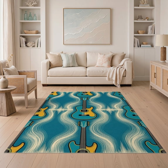 ODIKA 5'x7' Washable Area Rug Non-Slip, Low Pile, Stain Resistant Personalized Record Album Sleeve Abstract Soundwave Cassette for Guest Room, Lounge, Apartment