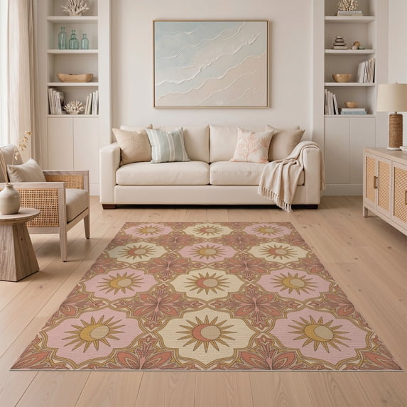 ODIKA 5'x7' Washable Area Rug Non-Slip, Low Pile, Stain Resistant Pink Boho Muted Palette Retro Pretty Balanced Geometric Print for Guest Room, Lounge, Apartment