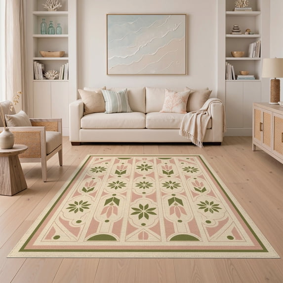 ODIKA 5'x7' Washable Area Rug Non-Slip, Low Pile, Stain Resistant Pink Green Symmetrical Floral Geometric Design Elegant Symmetry with Motifs for Guest Room, Lounge, Apartment