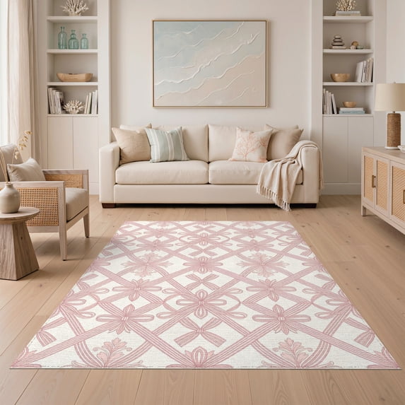 ODIKA 5'x7' Washable Area Rug Non-Slip, Low Pile, Stain Resistant Pink Scroll Delicate Looped Ribbon Intersection Symmetrical Round for Guest Room, Lounge, Apartment