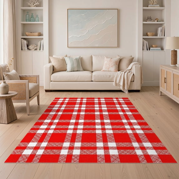 ODIKA 5'x7' Washable Area Rug Non-Slip, Low Pile, Stain Resistant Plaid Bordered Symmetrical Block Layout Checked Checkered Striped for Guest Room, Lounge, Apartment