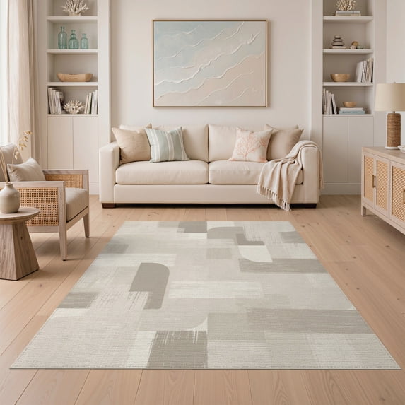 ODIKA 5'x7' Washable Area Rug Non-Slip, Low Pile, Stain Resistant Plush Large Geometric Contemporary Minimalist Farmhouse Neutral for Guest Room, Lounge, Apartment