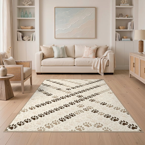 ODIKA 5'x7' Washable Area Rug Non-Slip, Low Pile, Stain Resistant Print Canine Footprint Featuring Directional Motion Patterned for Guest Room, Lounge, Apartment