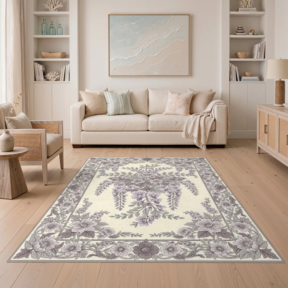 ODIKA 5'x7' Washable Area Rug Non-Slip, Low Pile, Stain Resistant Purple Symmetrical Centerpiece Cascading Blossoms Ornate Lilac for Guest Room, Lounge, Apartment