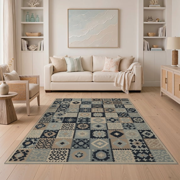 ODIKA 5'x7' Washable Area Rug Non-Slip, Low Pile, Stain Resistant Pvc Bottom Geometric Motif Contemporary Splicing Furnishing for Guest Room, Lounge, Apartment