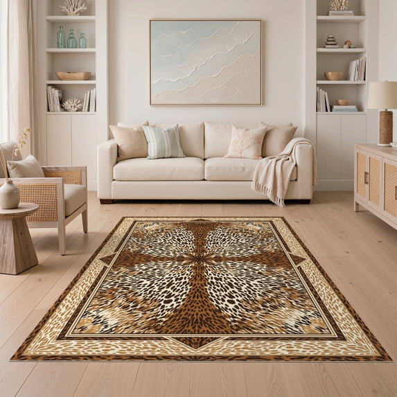 ODIKA 5'x7' Washable Area Rug Non-Slip, Low Pile, Stain Resistant Spotted Farmhouse Symmetrical Brindle Patchwork Bold Cow Print Refined for Guest Room, Lounge, Apartment