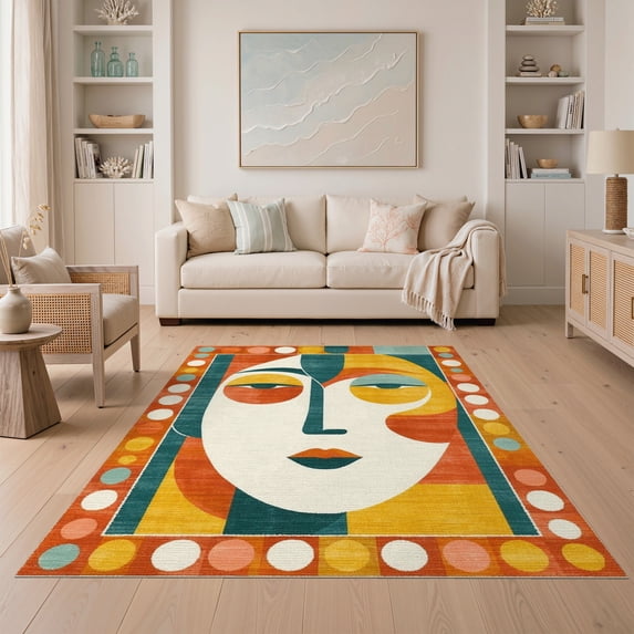 ODIKA 5'x7' Washable Area Rug Non-Slip, Low Pile, Stain Resistant Teal Retro Funky Abstract Face Mid-Century Line Art with Bold Border for Guest Room, Lounge, Apartment