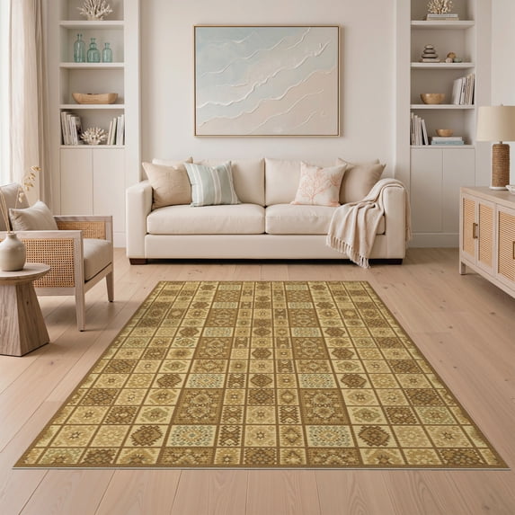 ODIKA 5'x7' Washable Area Rug Non-Slip, Low Pile, Stain Resistant Throw Symmetrical Geometric Grid Composition Scattered Door Large for Guest Room, Lounge, Apartment