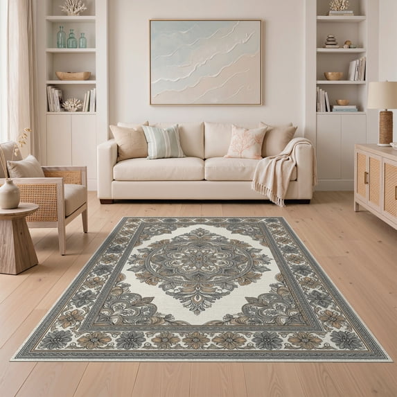 ODIKA 5'x7' Washable Area Rug Non-Slip, Low Pile, Stain Resistant Vintage Boho Distressed Border Motifs Ivory Tan Grey Neutral Refined Structured for Guest Room, Lounge, Apartment