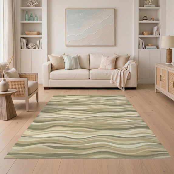 ODIKA 5'x7' Washable Area Rug Non-Slip, Low Pile, Stain Resistant Vintage Tone Ripple Cream Orange Beige Abstract Striped Wave Playful Expressive for Guest Room, Lounge, Apartment