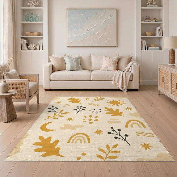 ODIKA 5'x7' Washable Area Rug Non-Slip, Low Pile, Stain Resistant Warm Earth Tones Abstract Design Playful Nature Motifs with Celestial for Guest Room, Lounge, Apartment