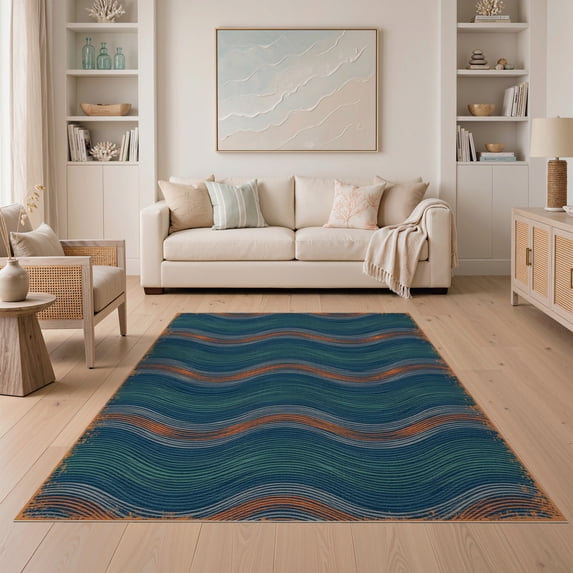ODIKA 5'x7' Washable Area Rug Non-Slip, Low Pile, Stain Resistant Wave Landscape Layered Gradient Motifs Washed Tonal Striped Abstract for Guest Room, Lounge, Apartment