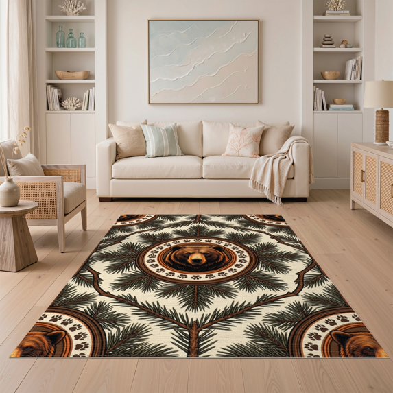 ODIKA 5'x7' Washable Area Rug Non-Slip, Low Pile, Stain Resistant Woodland Motifs Wildlife Antler Centered Forest Boho Cabin Print Refined for Guest Room, Lounge, Apartment