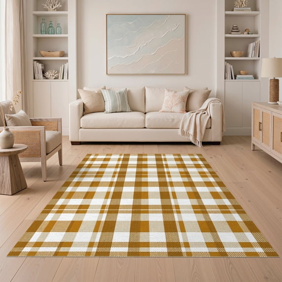 ODIKA 5'x7' Washable Area Rug Nursey Checkered Plaid Geometric Border Frame Gingham Motif Neutral for Guest Room, Lounge, Apartment, Non-Slip Low Profile, Stain Resistant