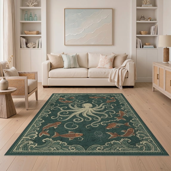 ODIKA 5'x7' Washable Area Rug Octopus Nautical Koi Creature Fish Swirling Waves Cartoon Pirate for Small Living Room, Bedroom, Easy Care, Non-Shedding, Pet Friendly