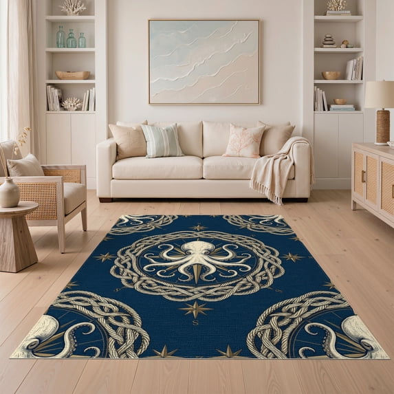 ODIKA 5'x7' Washable Area Rug Octopus Pirate Navy Creature Ornamental Radiating Motif Cartoon for Small Living Room, Bedroom, Easy Care, Non-Shedding, Pet Friendly