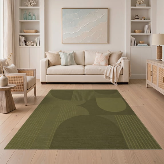 ODIKA 5'x7' Washable Area Rug Olive Green Geometric Abstract Modern Curved Lines and Shapes Design for Small Living Room, Bedroom, Easy Care, Non-Shedding, Pet Friendly
