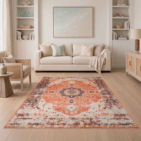 ODIKA 5'x7' Washable Area Rug Orange Fall Vintage Boho Farmhouse Terracotta Medallion with Distressed Floral for Dining Room, Under Table, Home Office, Non-Slip Chair-Friendly