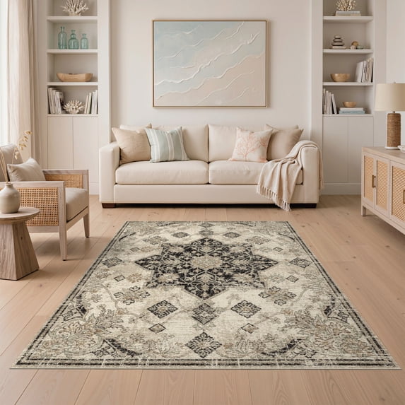 ODIKA 5'x7' Washable Area Rug Oushak Vintage Medallion With Distressed Floral Corner Motifs for Guest Room, Lounge, Apartment, Non-Slip Low Profile, Stain Resistant