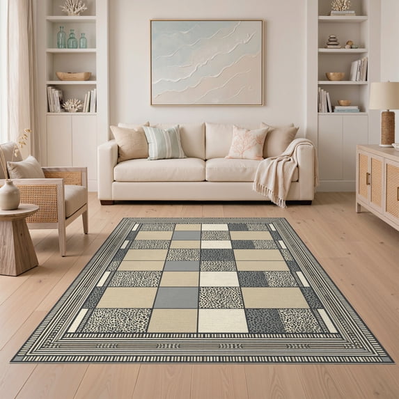 ODIKA 5'x7' Washable Area Rug Patchwork Spotted Blocks Southwestern Stripe Border Geometric Abstract Refined for Small Living Room, Bedroom, Easy Care, Non-Shedding, Pet Friendly